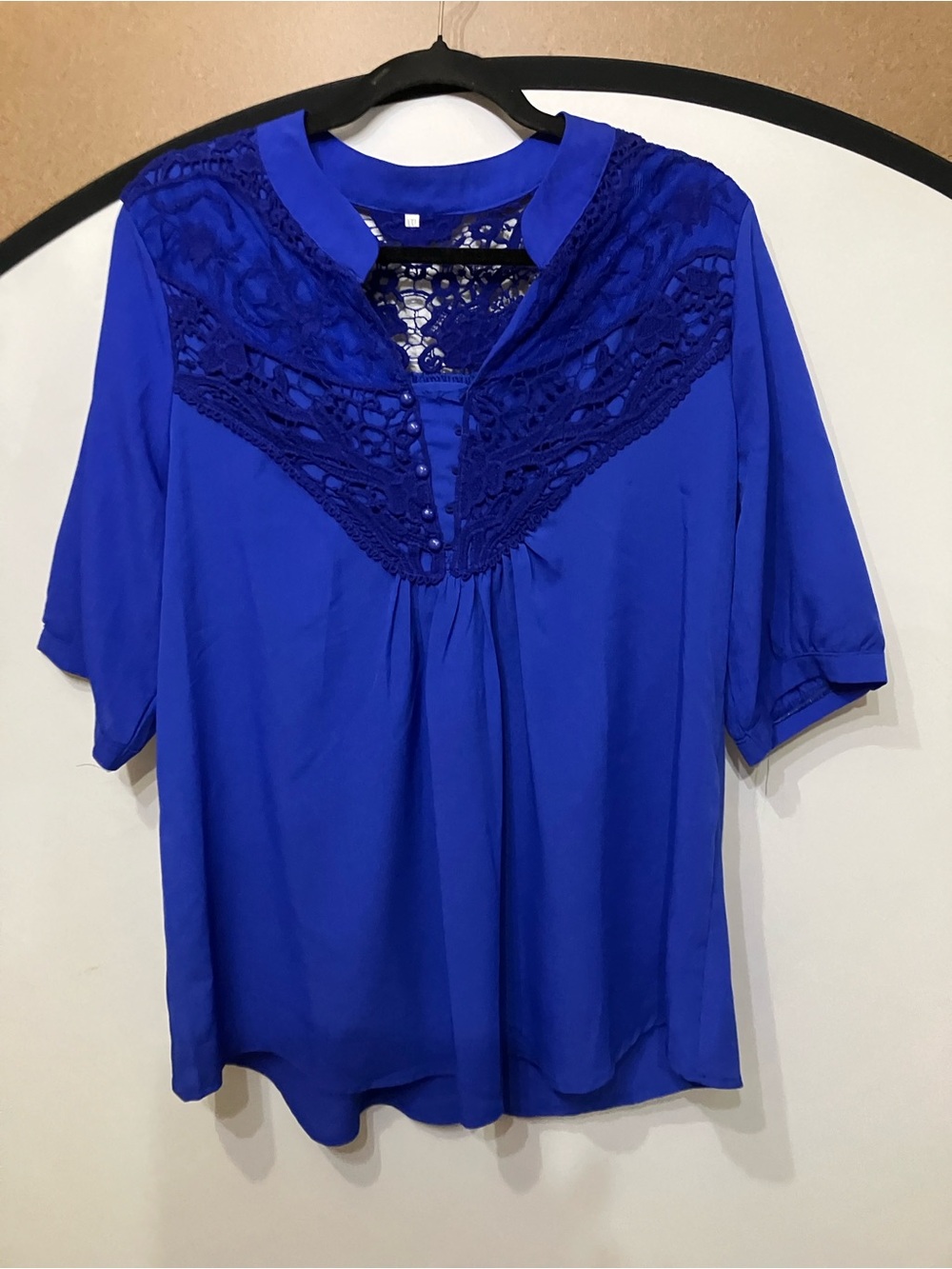 Women's Royal Blue Crochet Yoke Blouse - Short Sleeve Elegant Top - Picture 9 of 9